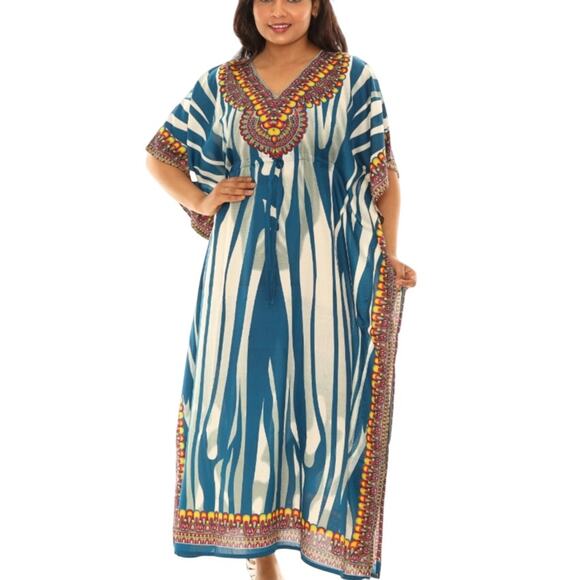 Shoreline Wear Blue Multi Abstract Animal Stripe Cinched Kaftan Midi Dress OS - Picture 1 of 16